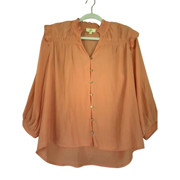 Anthropologie Peach Button-Up Blouse With Ruffle Trim & 3/4 Sleeves Lightweight - Picture 1 of 13